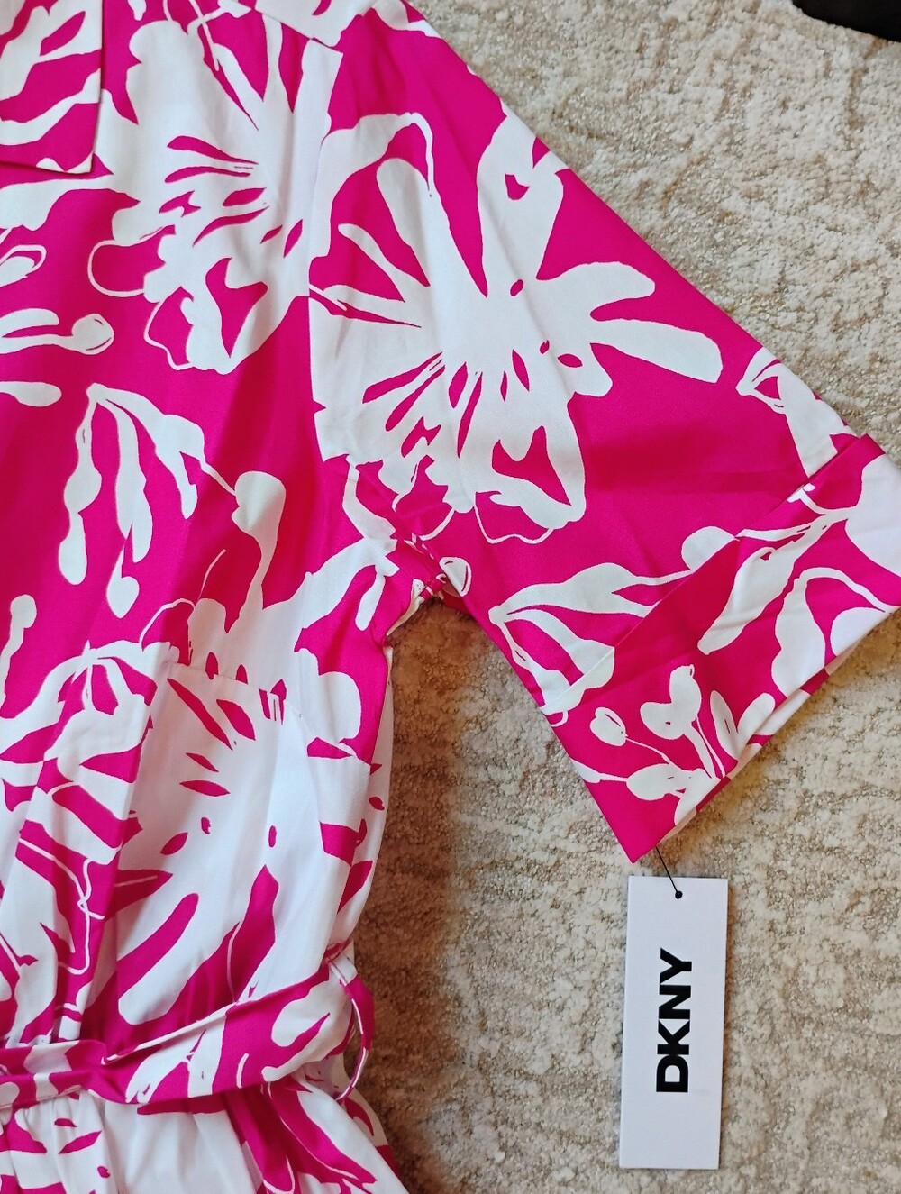 NWT 4 DKNY Fuchsia And White Abstract Floral Short Sleeve Midi Shirt Dress NEW - Picture 6 of 12